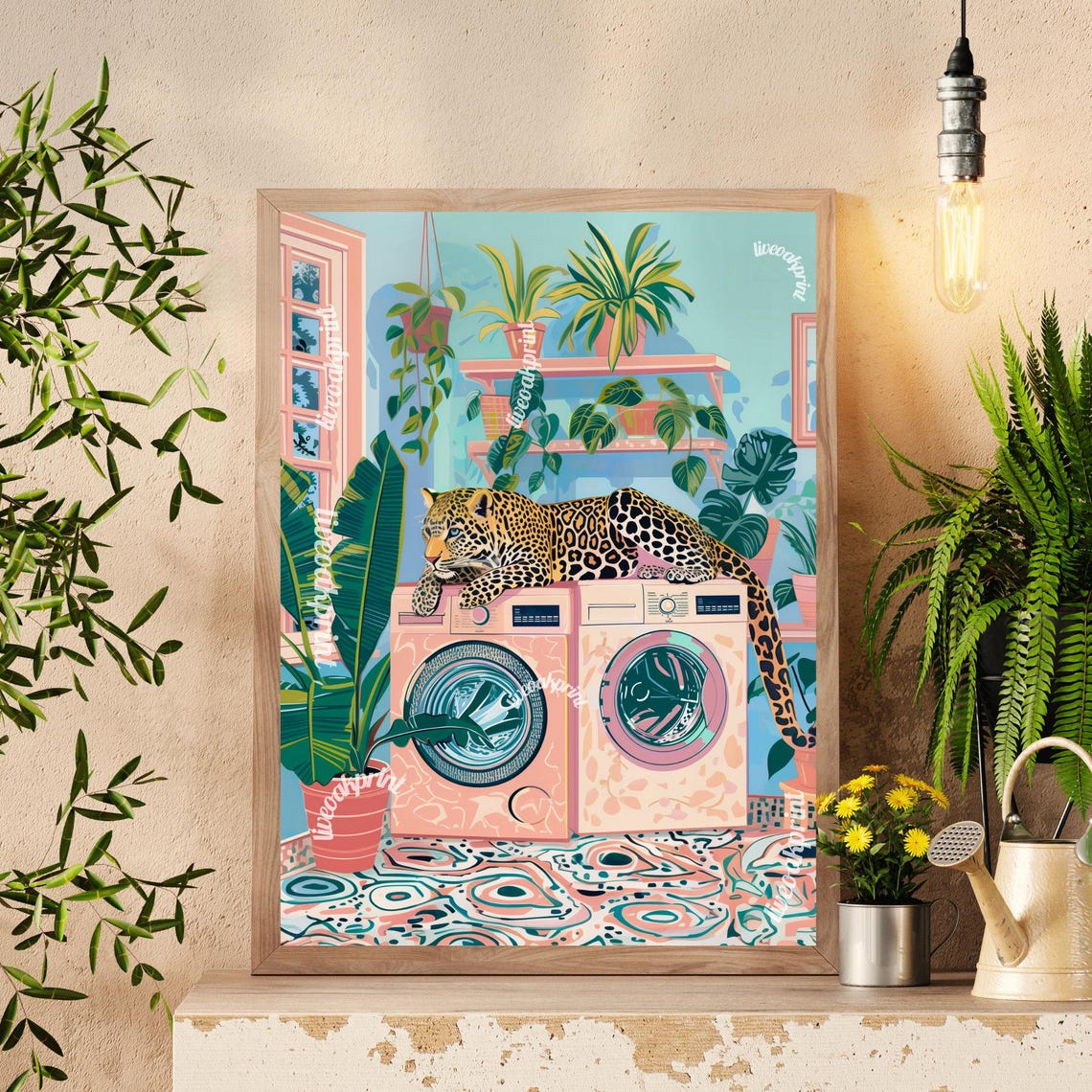 Leopard Lounging On Pink Washing Machines In Botanical Room Poster - Image 3