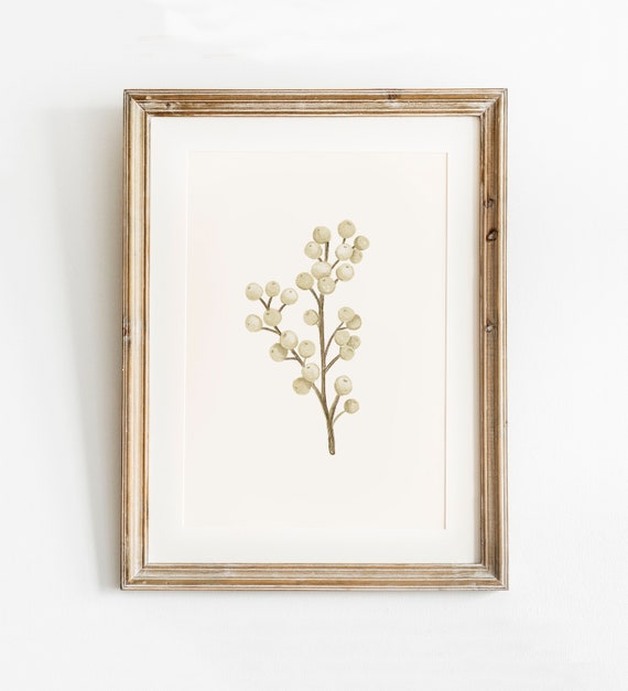 White Holly Berry Christmas Print, Neutral Winter Berries