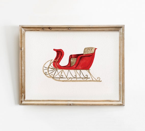Vintage Red Santa's Sleigh Christmas Art Print