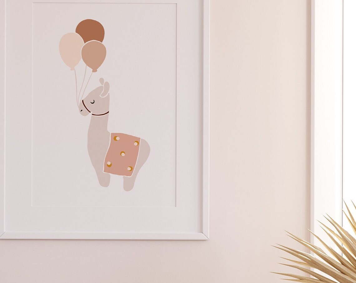 Floating Blush Llama With Balloons Whimsical Nursery Decor Poster
