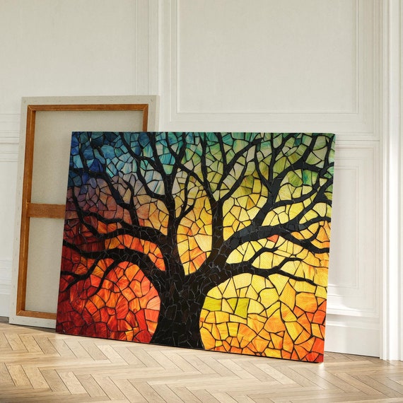 Vibrant Stained Glass Tree Wall Art Sunset Mosaic Nature Inspired Design For Colorful Home Or Office Decor