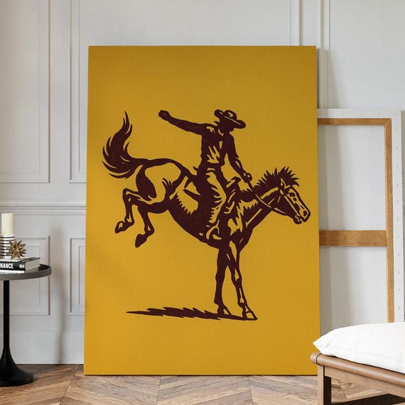 Western Cowboy Bronco Rider Canvas Art Bold Yellow Rustic Rodeo Wall Decor For Or Countrystyle Interiors