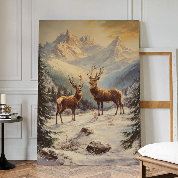 Winter Stag Canvas Wall Art Majestic Deer In Snowy Mountain Landscape Rustic Wildlife Painting For Lodge Cabin Decor