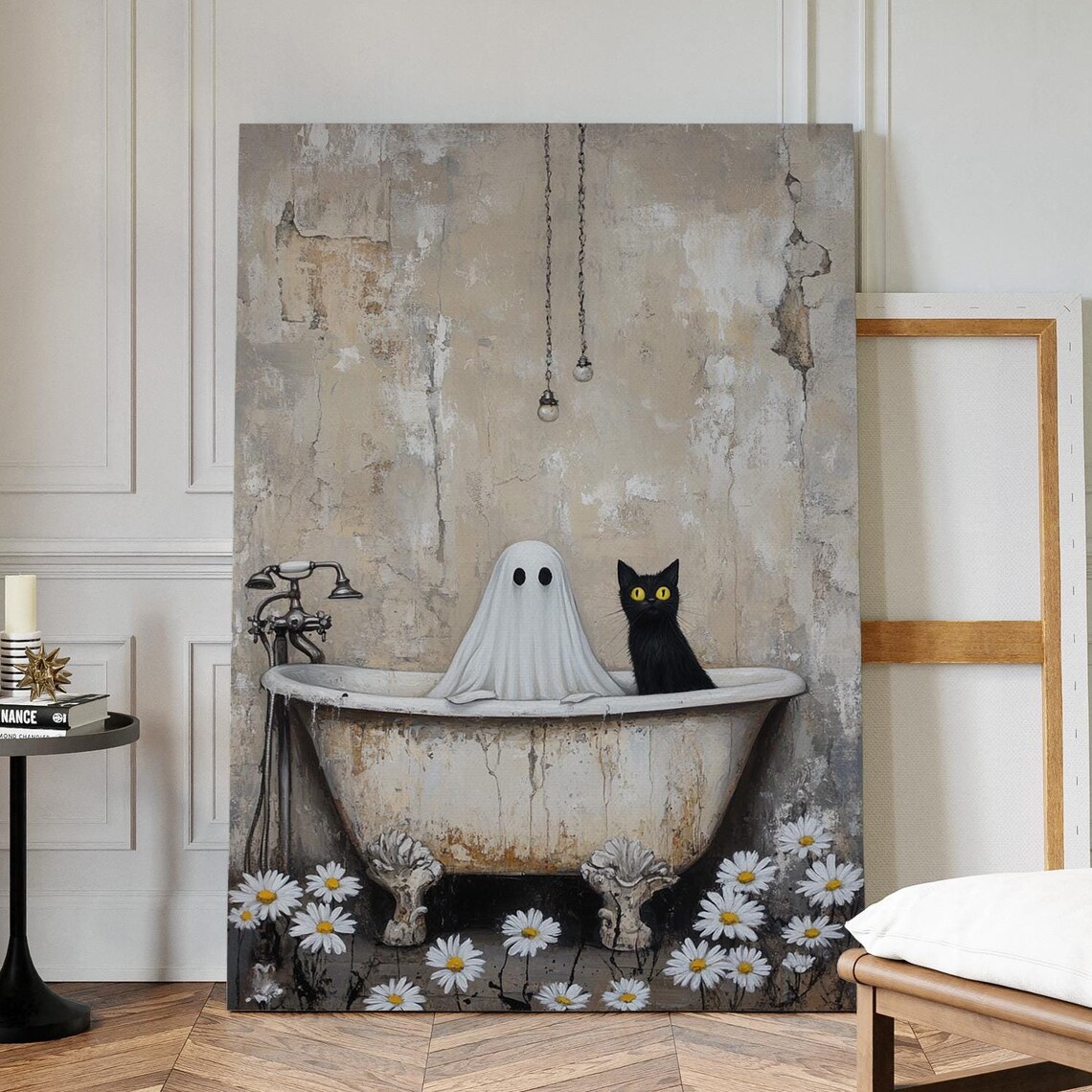 Whimsical Ghost And Black Cat In Rustic Bathtub Daisies Halloween Wall Poster