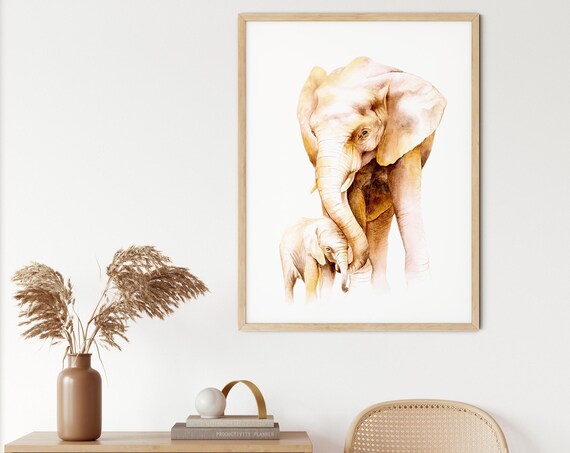 Elephant Mother and Baby Poster Golden Watercolor Wildlife Portrait Art