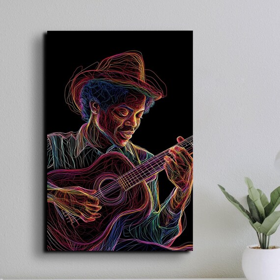 Neon Line Art Guitarist in Hat Colorful Music Room Wall Poster