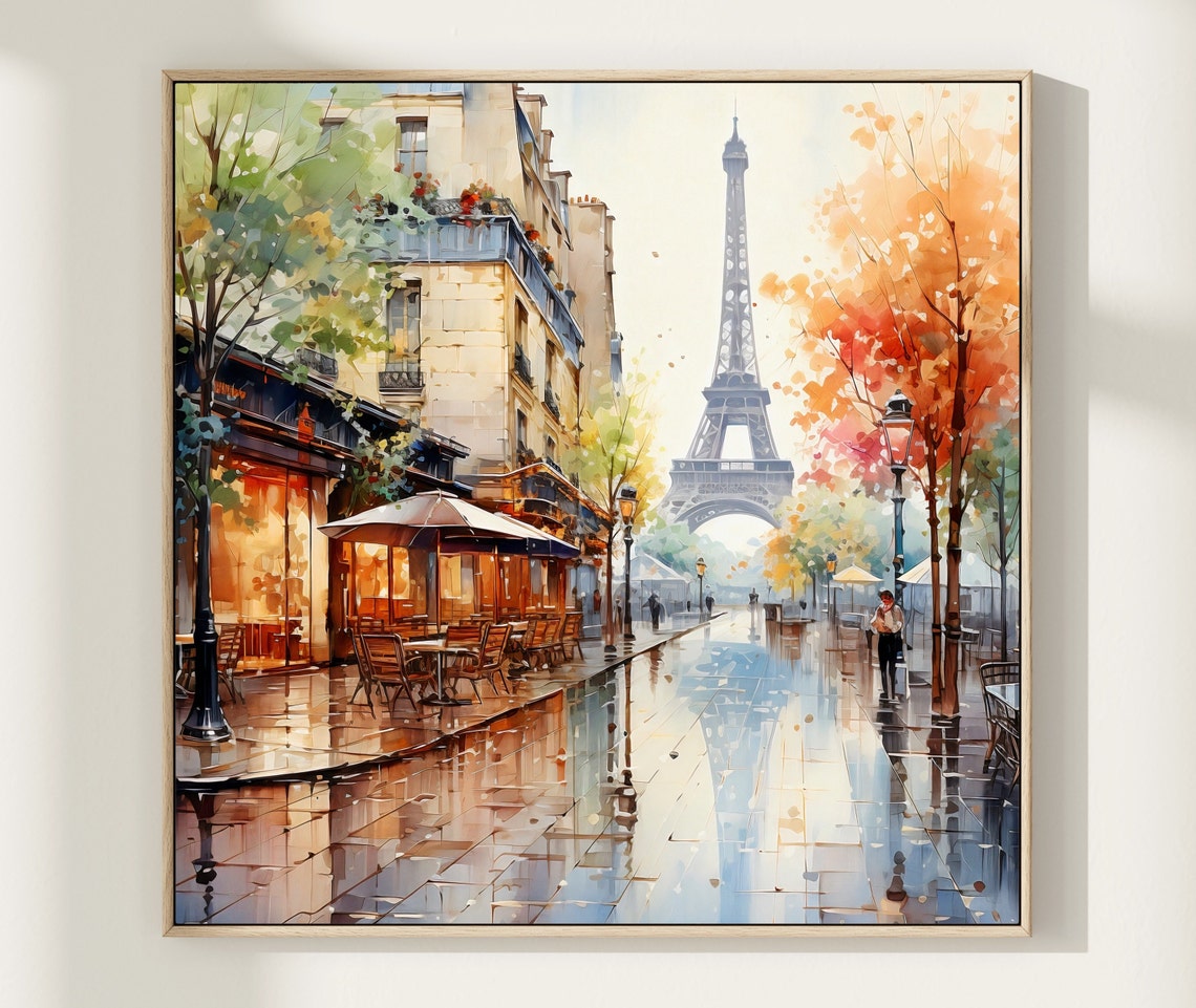 Paris Rainy Street Cafe Eiffel Tower Autumn Watercolor Wall Art