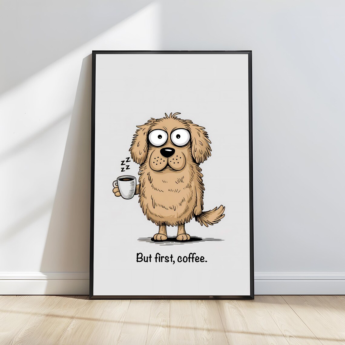 But First Coffee Drowsy Golden Dog Cartoon Lover Wall Poster