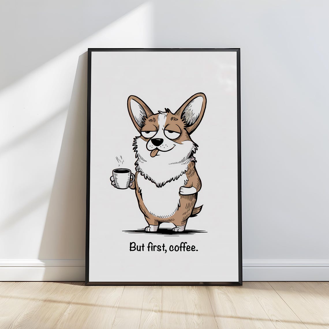 But First Coffee Sleepy Corgi Cartoon Dog Lover Gift Wall Poster