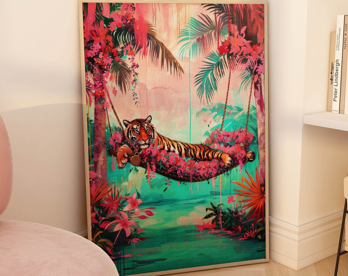 Tiger Beach Art Print, Maximalist Tropical Decor