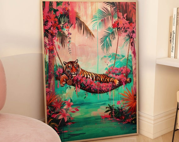 Tiger Beach Art Print, Maximalist Tropical Decor