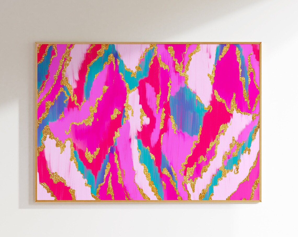 Hot Pink Abstract Painting, Maximalist Wall Art