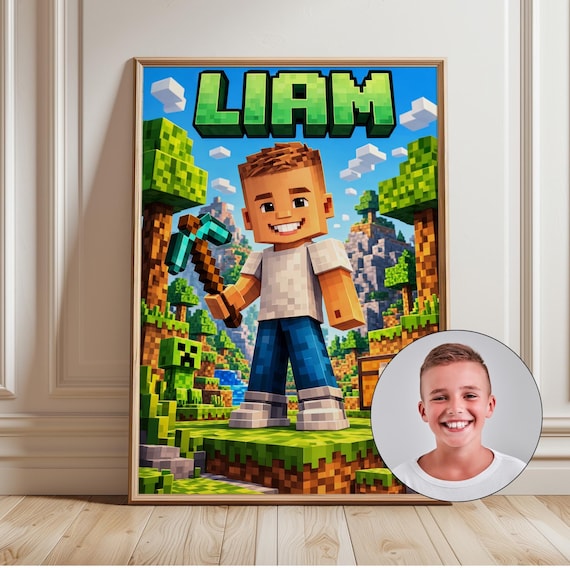 Custom Minecraft Portrait From Photo Print Name Boys Girls Room Decor Birthday Gift Nursery Poster