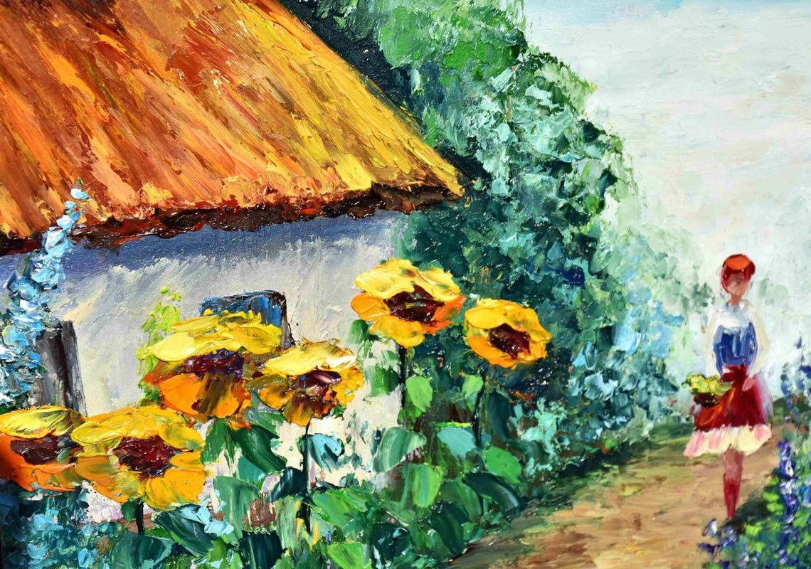 Rural House Art Ukraine Art Summer Landscape Art Landscape Painting Ukrainian Girl Art Yellow Flowers Art Well Landscape Art Palette Knife - Image 5