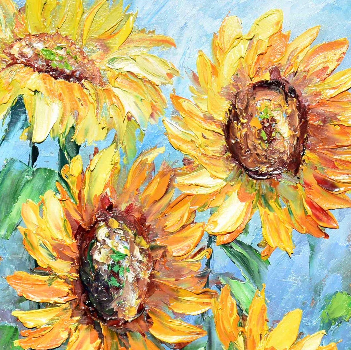 Sunflower Cluster Bright Blue Sky Impasto Oil Painting Summer Poster - Image 3