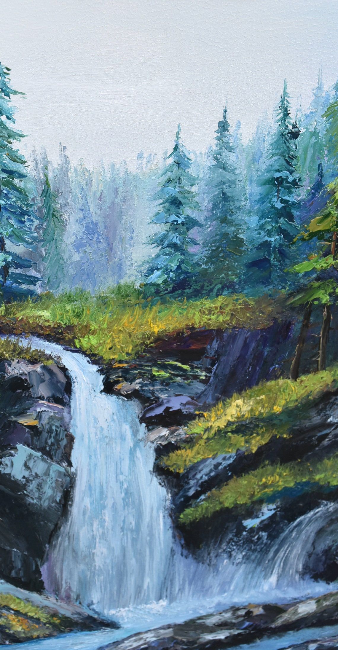 Misty Waterfall Rocky Gorge Pine Forest Oil Painting Landscape Poster - Image 5