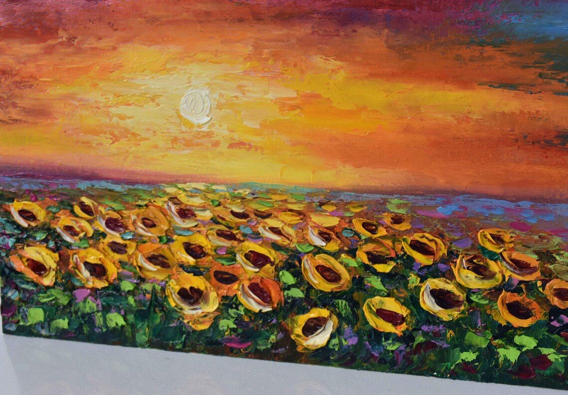 Sunflower Field Fiery Sunset Sky Impasto Landscape Oil Painting Poster - Image 3