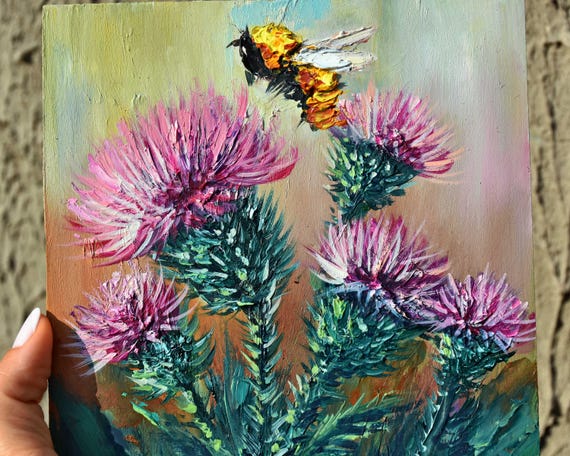 Painting Meadow Flowers Bee In The Meadow Art Painting Burdock Summer Landscape Meadow Flowers Art Bee On A Flower Art Miniature Art Oil Art
