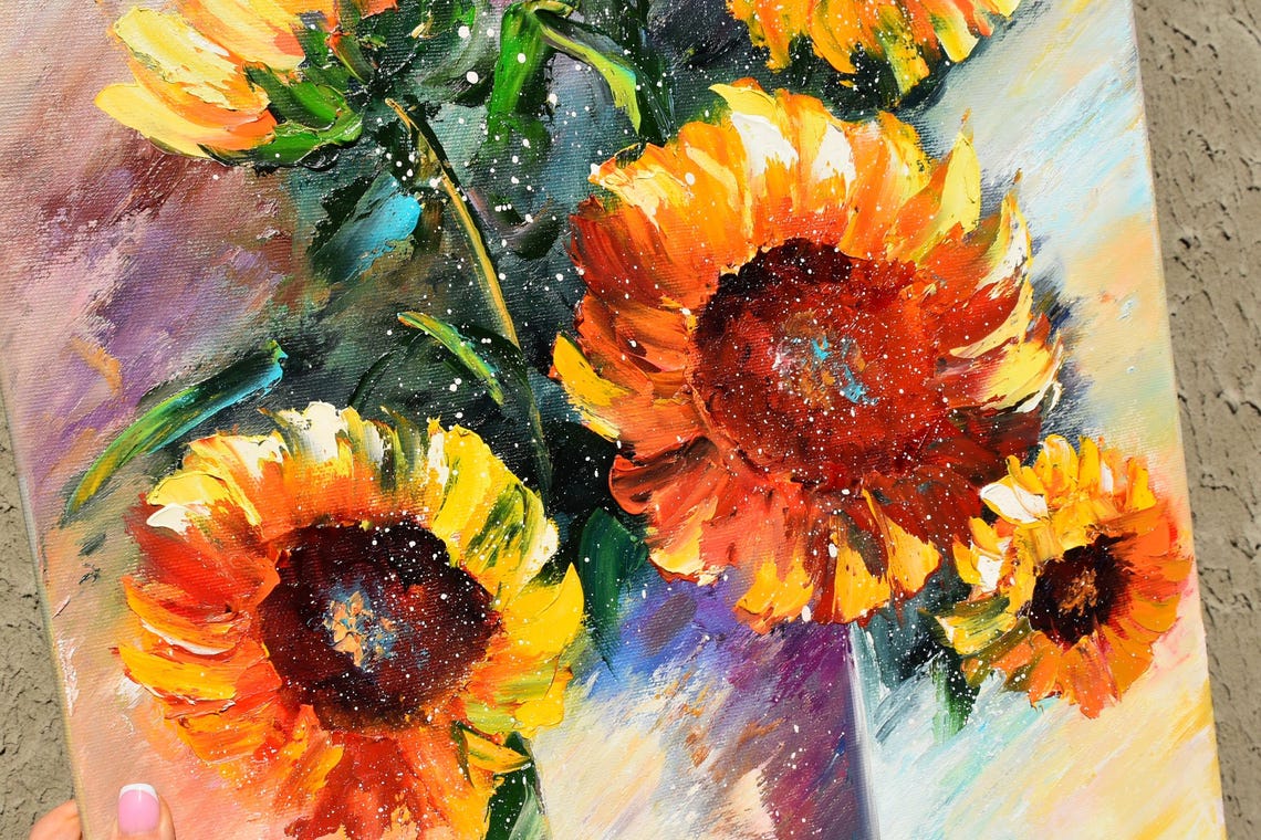 Sunflowers Painting Sunflower Fields Art Orange Flowers Colorful Artwork Original Painting Impasto Oil Painting Textured Wall Art Art Home
