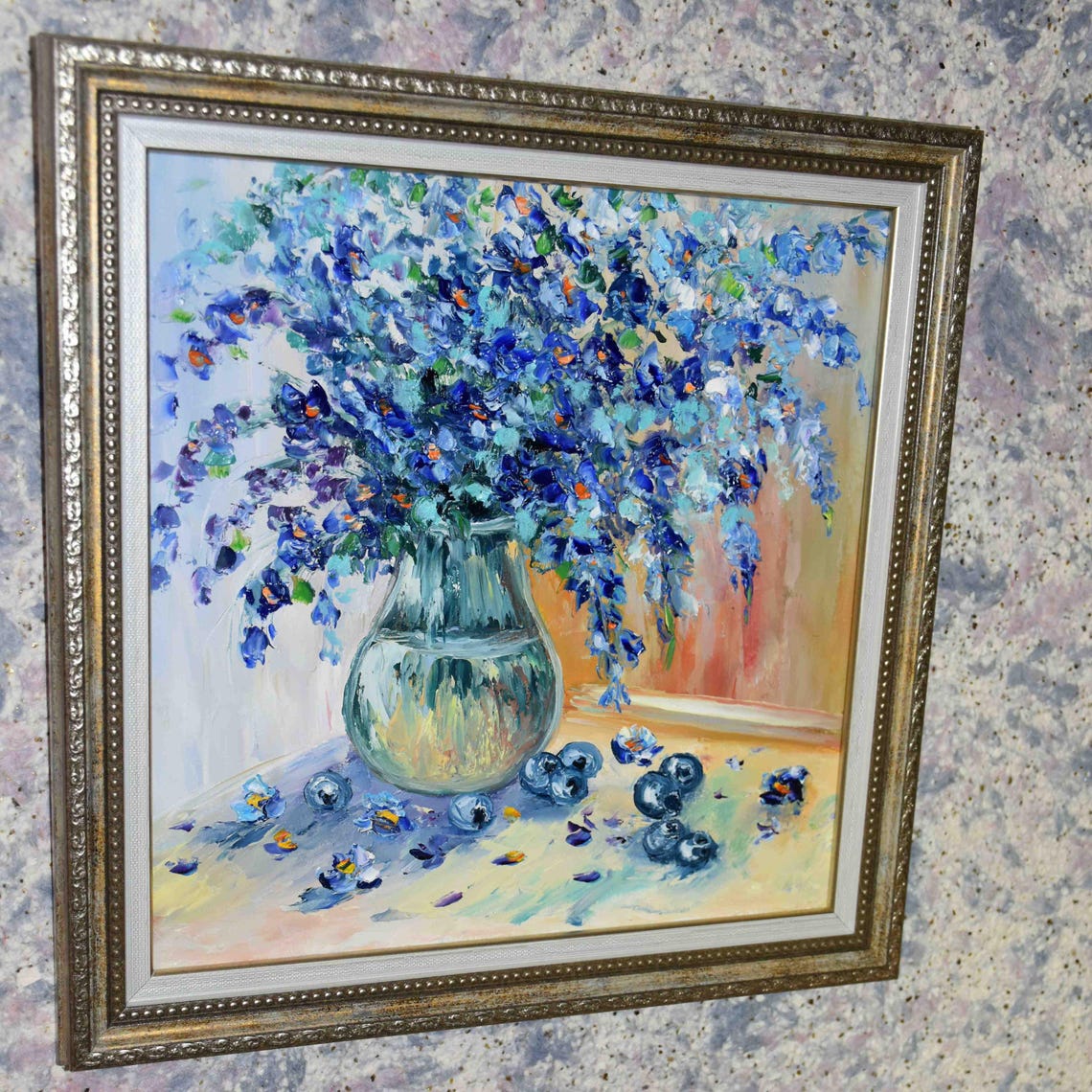 Blue Flower Painting Still Life Painting Blueberry Art Wildflowers Oil Art Purple Flowers Painting Impasto Painting Palette Knife Art Oil - Image 3