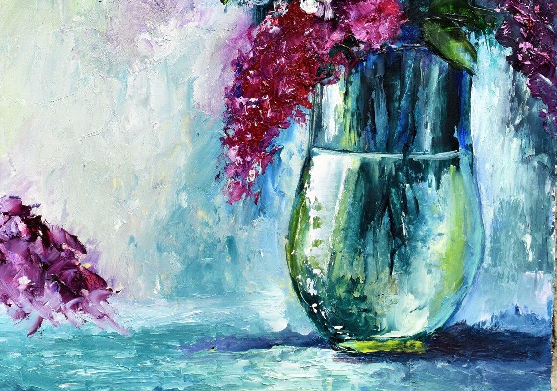 Lilac Blossoms In Glass Vase Purple Floral Oil Painting Wall Poster - Image 3