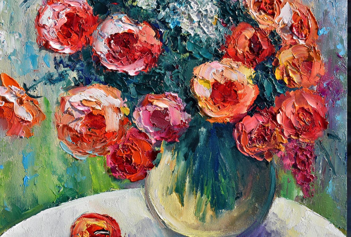 Roses Oil Painting Rose Flowers Art Painting Flowers Painting Flower Meadow Painting Oil Painting Pink White Flower Oil Original Painting In - Image 5