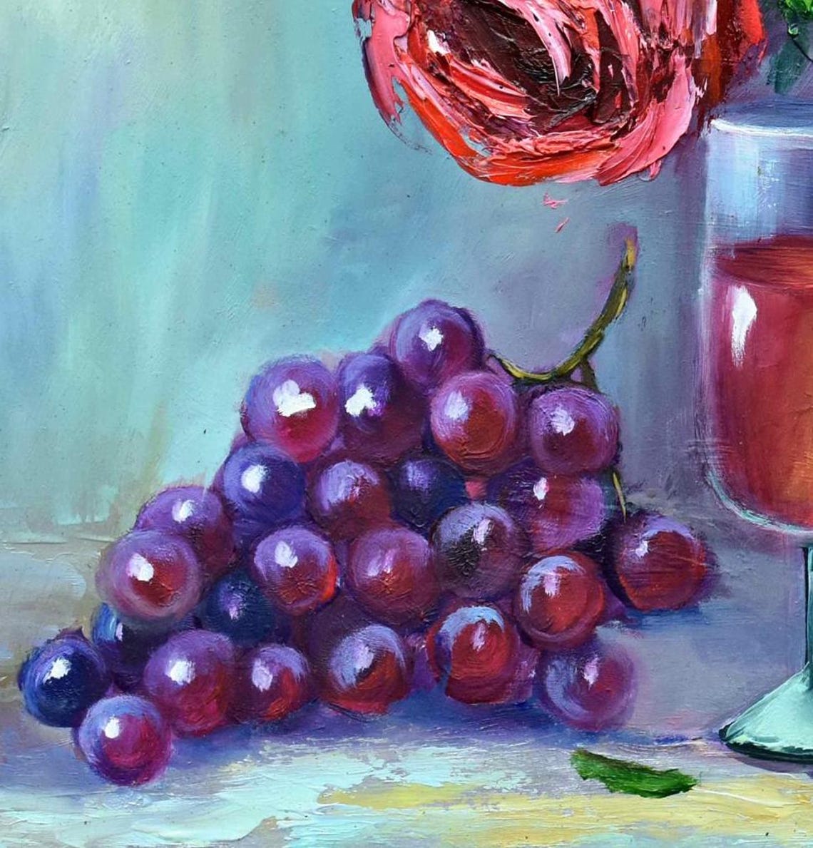 Deep Red Roses Wine Glass Cherries Vase Impasto Still Life Wall Art - Image 4