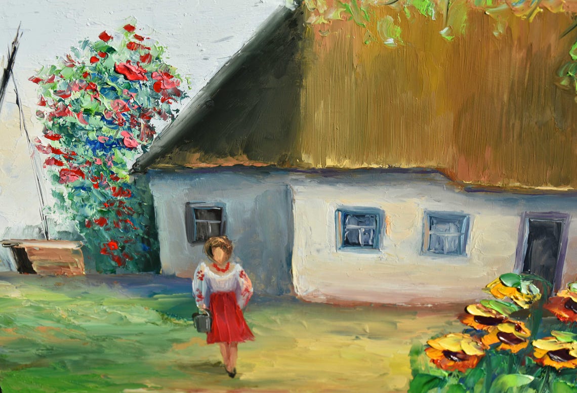 Rural House Art Ukraine Art Summer Landscape Art Landscape Painting Ukrainian Girl Art Yellow Flowers Art Well Landscape Art Palette Knife - Image 2