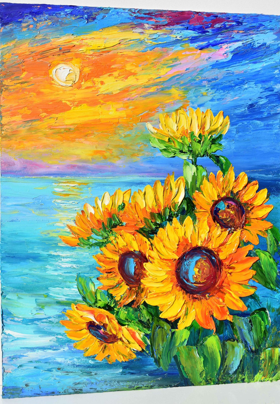 Sunflowers Painting Landscape Painting Yellow Flower Art Sea Painting Sunflower Wall Art Sunflowers Oil Summer Landscape Art Impasto Oil - Image 4