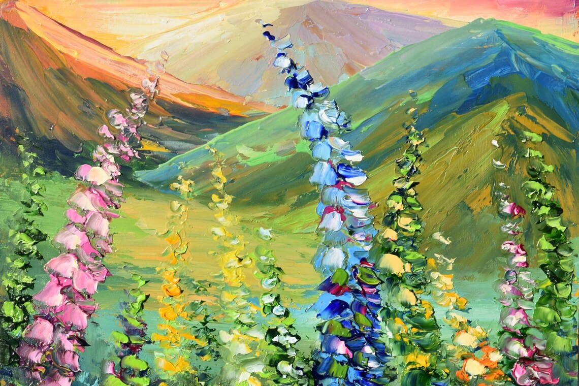 Mountain Landscape With Flowers Painting Mountains Landscape Painting Small Wall Art Wildflowers Painting Impasto Painting Summer Meadow - Image 3