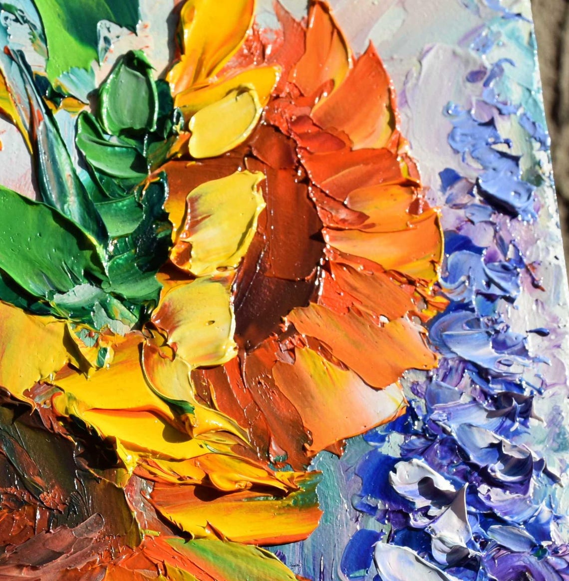 Sunflower Wall Art Miniature Painting Sunflowers Painting Purple Flowers Art Impasto Oil Painting Wildflowers Oil Art Sunflowers Art Paintin - Image 3