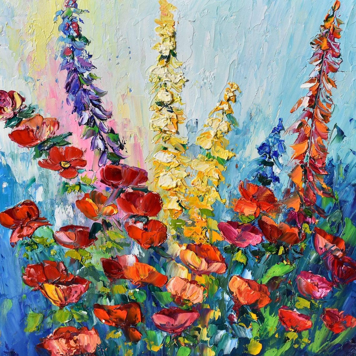 Red Poppies Impasto Oil Painting Bright Floral Blooms On Dark Wall Art