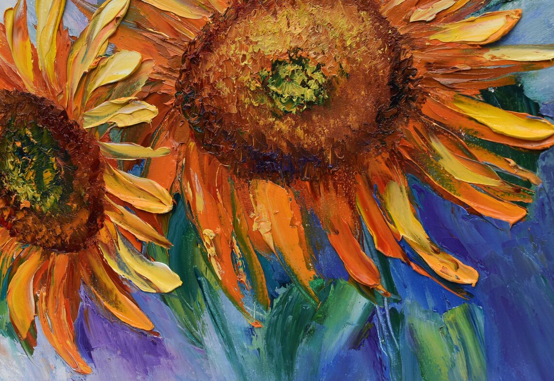 Two Sunflowers Close Up Blooming Yellow Floral Oil Art Poster - Image 5