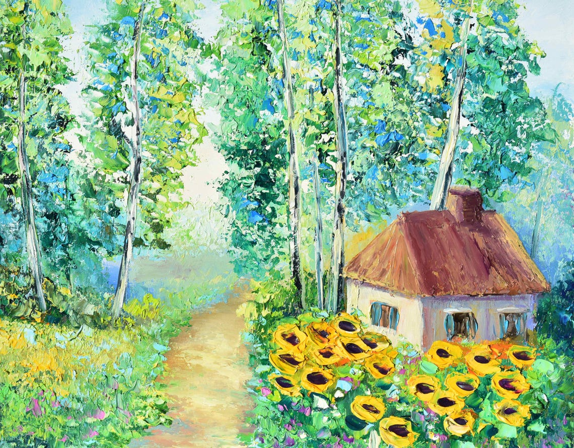 Sunflowers In Ukrainian Landscape Art Ukrainian Flowers Meadow Painting Ukrainian House Art Folk Art Painting Ukraine Art Impasto Painting - Image 4