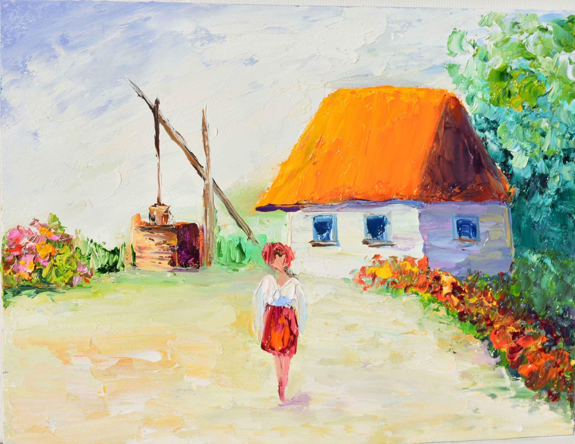 Ukrainian House Art Folk Art Painting Ukraine Art Ukrainian Landscape Ukrainian Flowers Impasto Painting Original Oil Art Ukrainian Art Ukra - Image 3