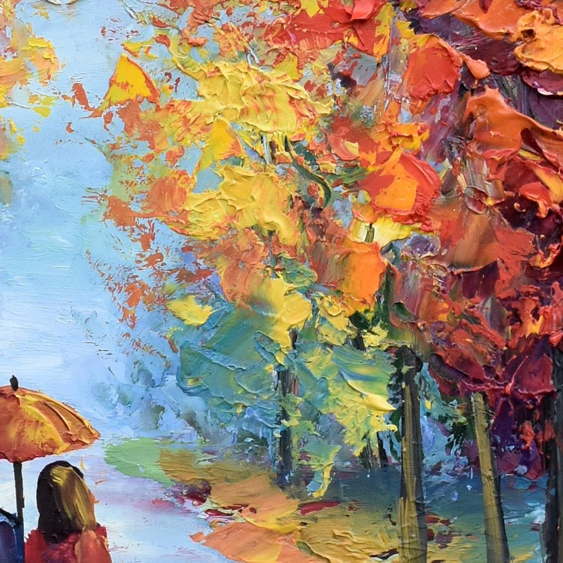 Autumn Painting Landscape Painting Park Painting Umbrella Art Painting People Red Umbrella Art Urban Painting In Love Art Romantic Landscape - Image 3