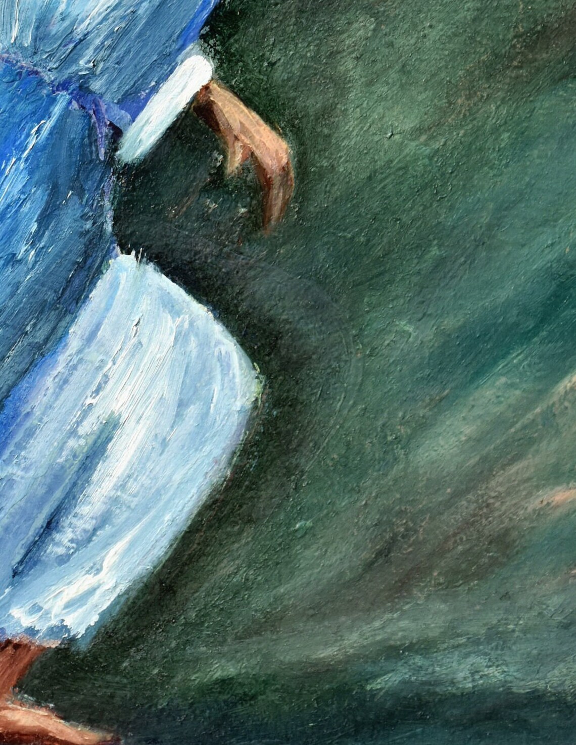 Blue Robed Angel White Wings Dark Green Religious Oil Wall Art - Image 2