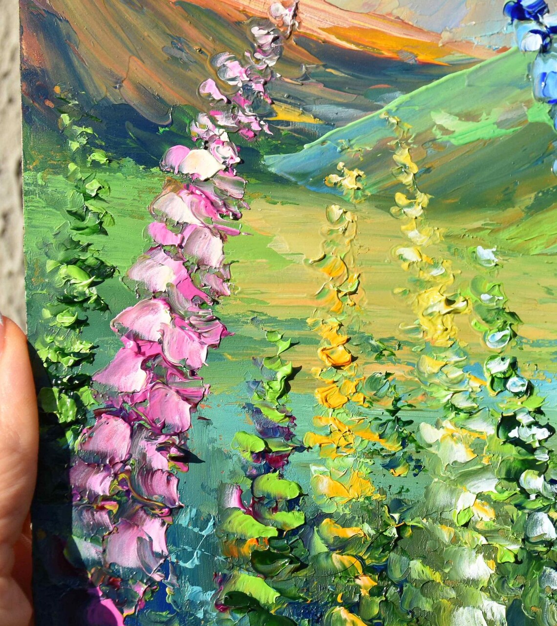 Mountain Landscape With Flowers Painting Mountains Landscape Painting Small Wall Art Wildflowers Painting Impasto Painting Summer Meadow - Image 2