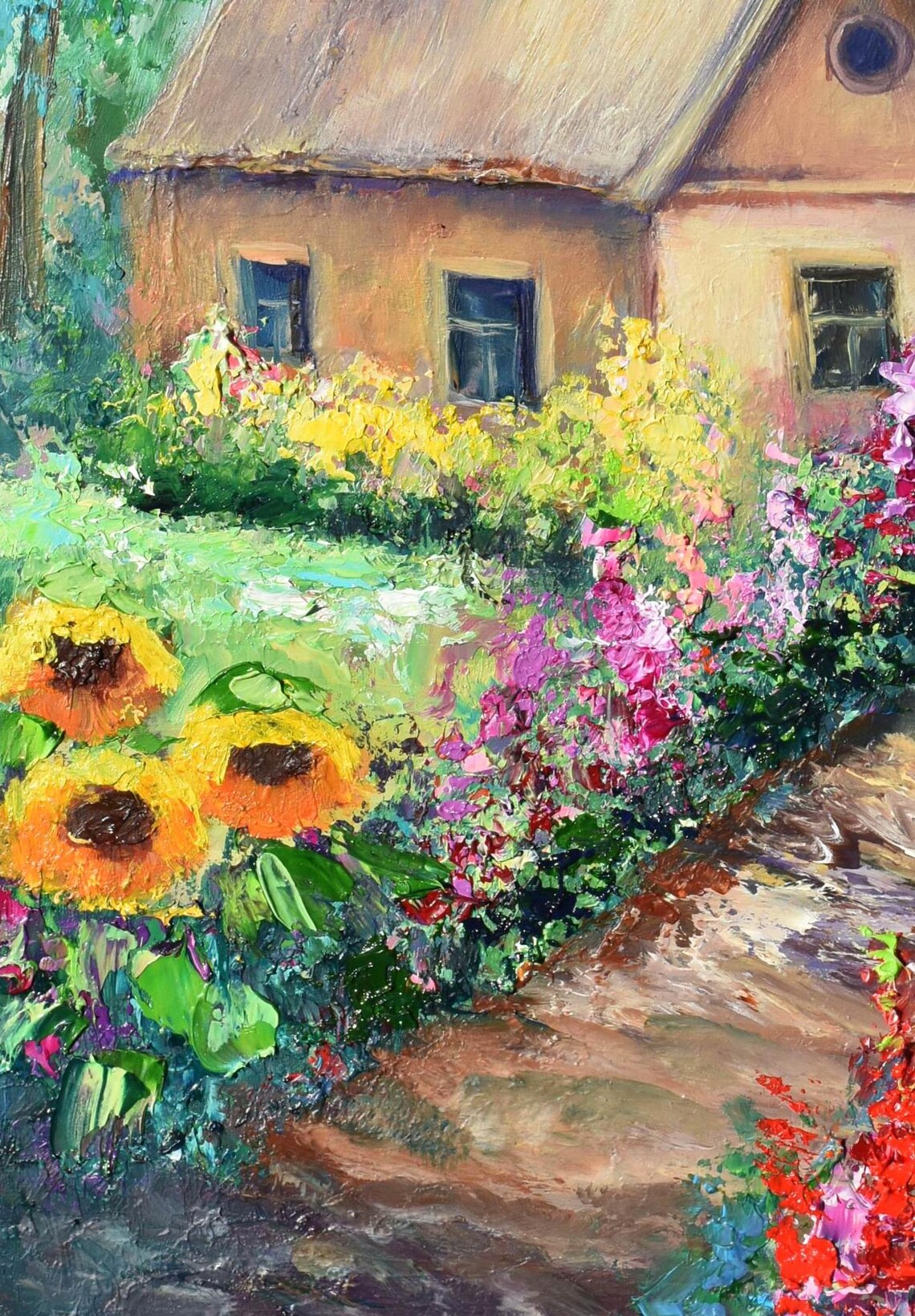 Country Cottage Flower Garden Path Summer Impasto Oil Painting Poster - Image 3