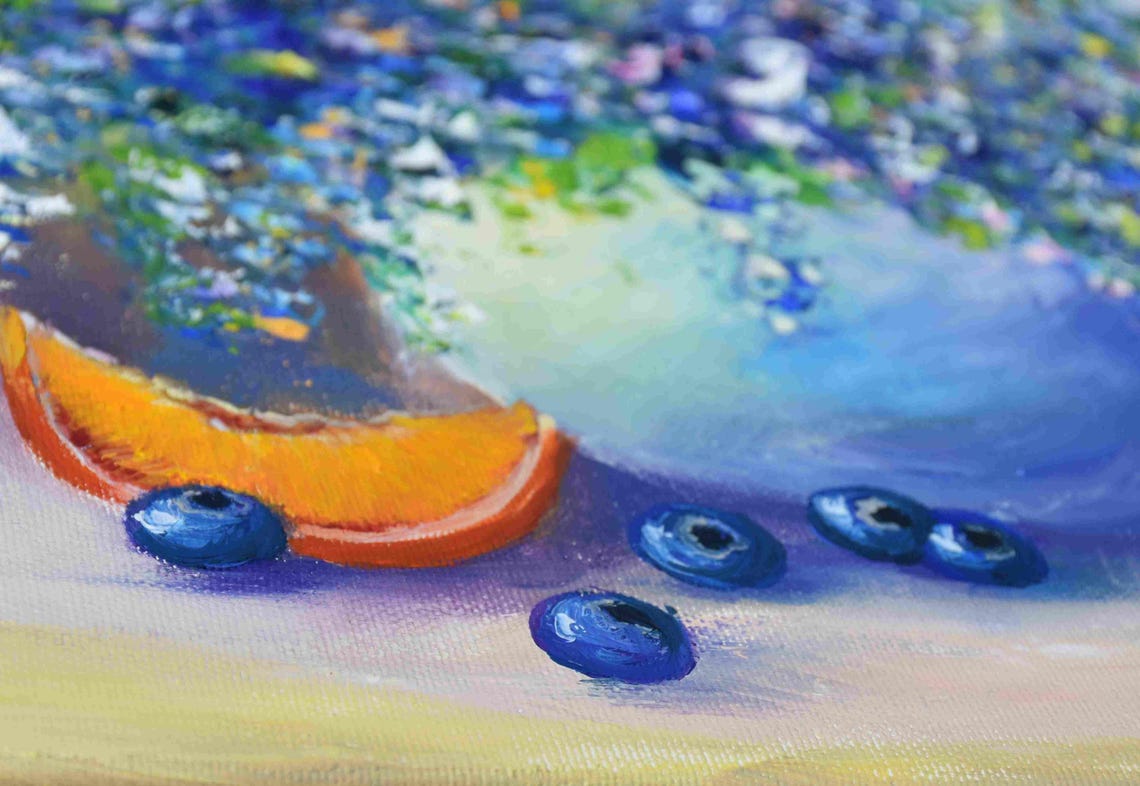 Blue Flower Painting Blueberry Art Food Kitchen Art Impasto Painting Purple Flowers Art Oil Art Textured Wall Art Blue Floral Artwork Origin - Image 2