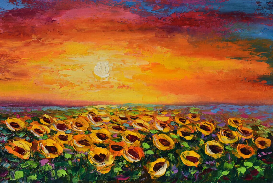 Sunflower Field Fiery Sunset Sky Impasto Landscape Oil Painting Poster