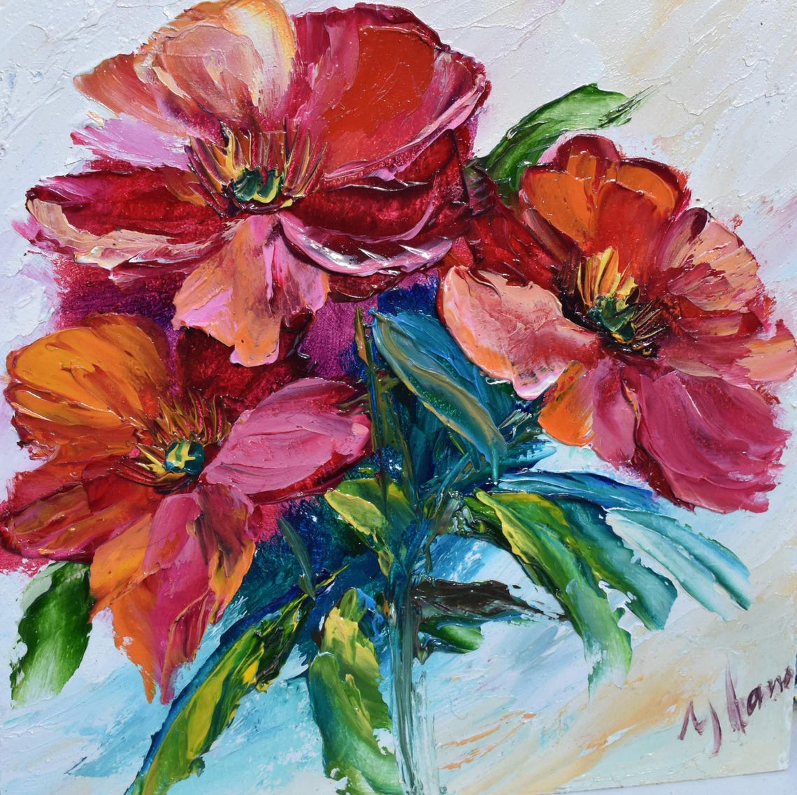Flower Bouquet Art Small Wall Art Wildflowers Painting Red Flowers Art Palette Knife Art Floral Oil Painting Summer Landscape Art Painting