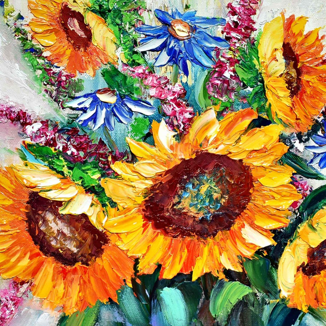 Art Bouquet Of Wild Flowers Sunflowers Oil Art Landscape Painting Blue Wildflowers Art Meadow Painting Sunflower Interior Flower Artwork - Image 5