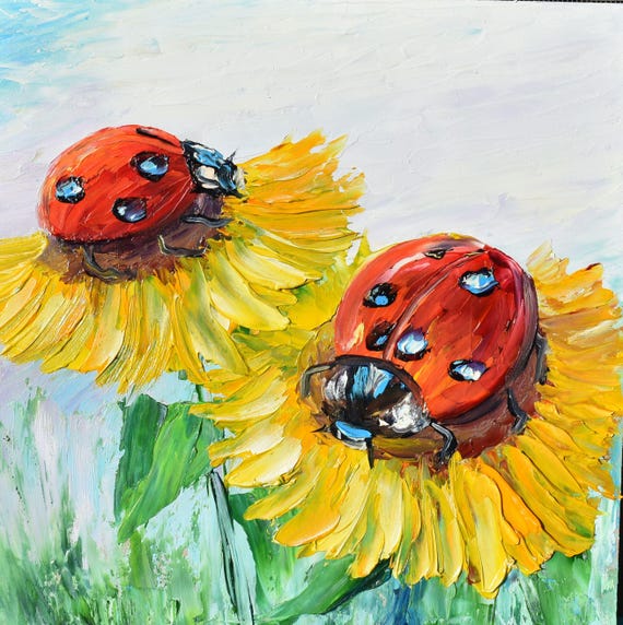 Ladybugs Painting Small Wall Art 8 X 8 Ladybug Art Sunflowers Painting Couple In Love Art Landscape Painting Meadow Wall Art Meadow Wall Art
