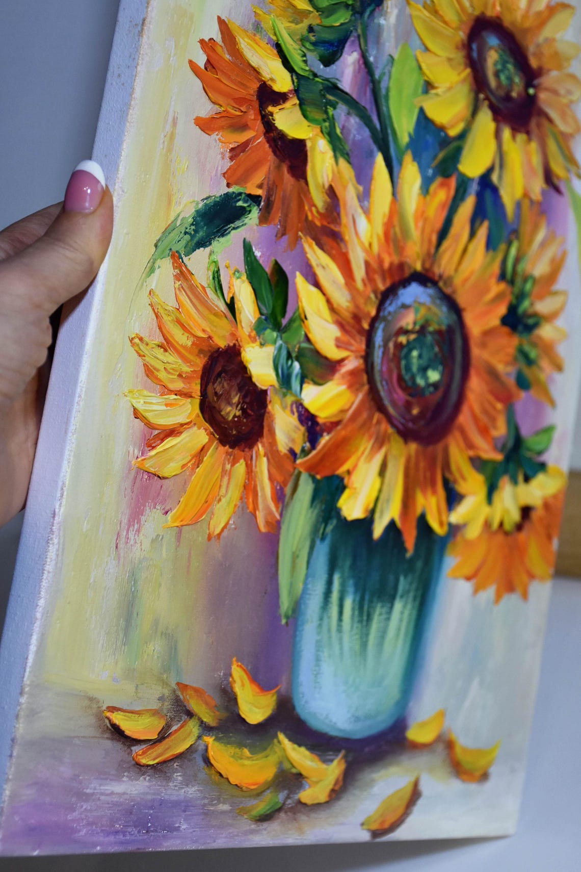 Sunflowers Oil Art Impasto Oil Painting Sunflower Still Life Sunflower Wall Art Sunflowers Painting Floral Art Original Orange Flower Art 3d - Image 2
