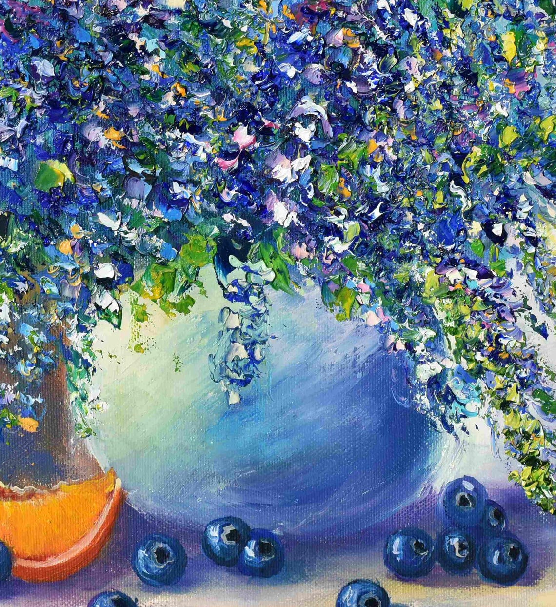 Blue Flower Painting Blueberry Art Food Kitchen Art Impasto Painting Purple Flowers Art Oil Art Textured Wall Art Blue Floral Artwork Origin - Image 3