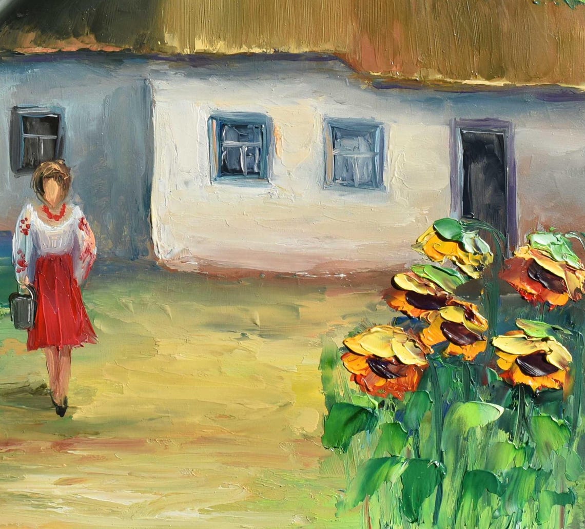 Rural House Art Ukraine Art Summer Landscape Art Landscape Painting Ukrainian Girl Art Yellow Flowers Art Well Landscape Art Palette Knife - Image 3