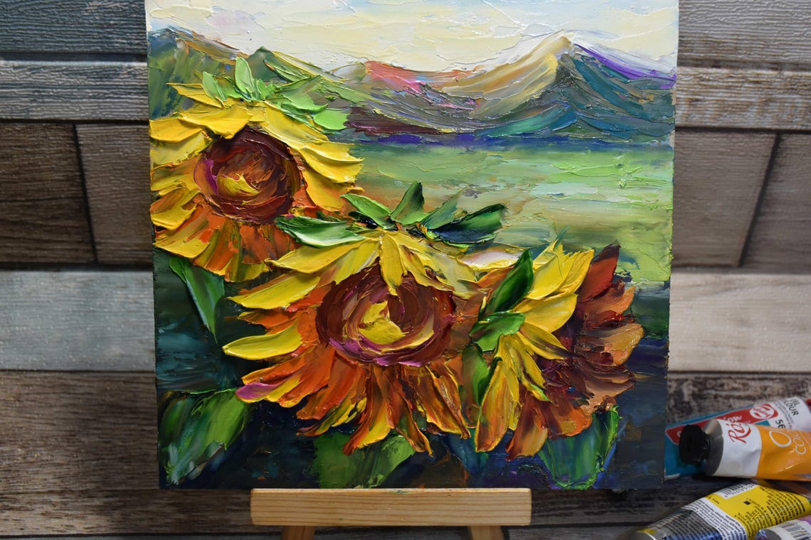 Sunflower Painting Landscape Painting Sunflower Art Meadow Flowers Art Yellow Flower Art Original Art Flower Oil Painting Textured Wall Art - Image 5