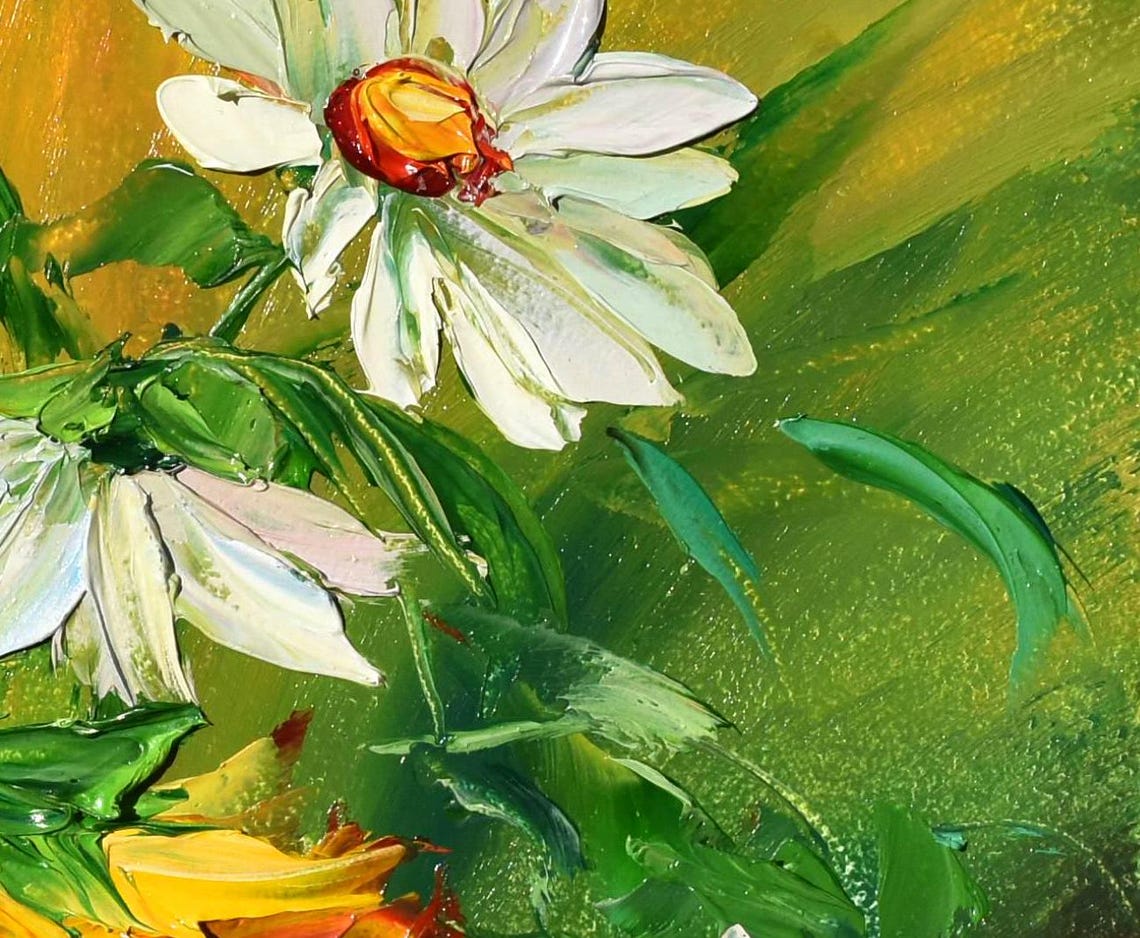 Sunflowers Oil Art Landscape Painting Sunflowers Painting Daisies Painting Impasto Painting Floral Artwork Yellow Flower Art Textured Wall - Image 3