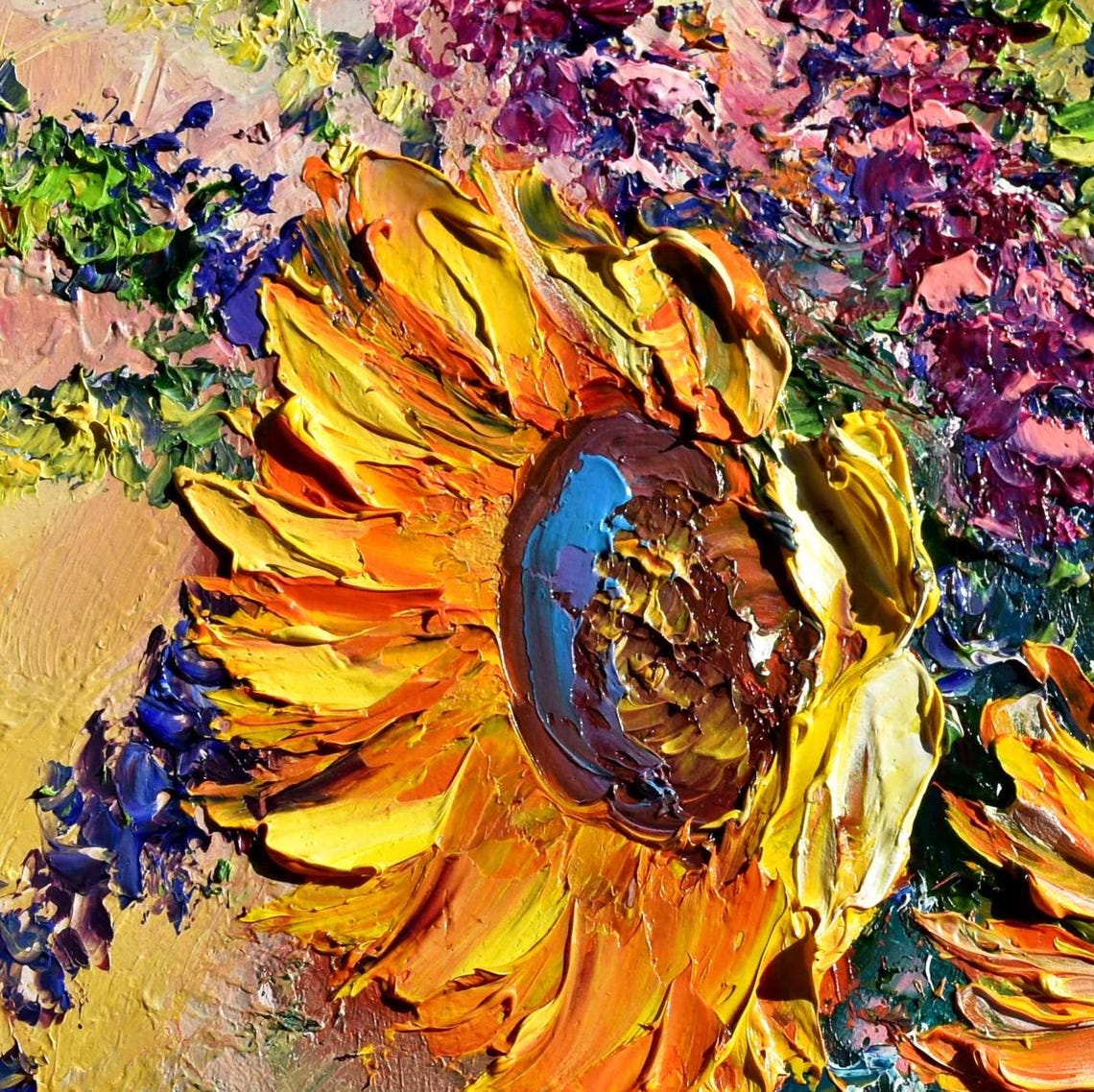 Orange Flower Art Sunflowers Painting Wildflowers Painting Sunflowers Art Still Life Wall Vase Art Impasto Oil Painting Palette Knife Art - Image 4